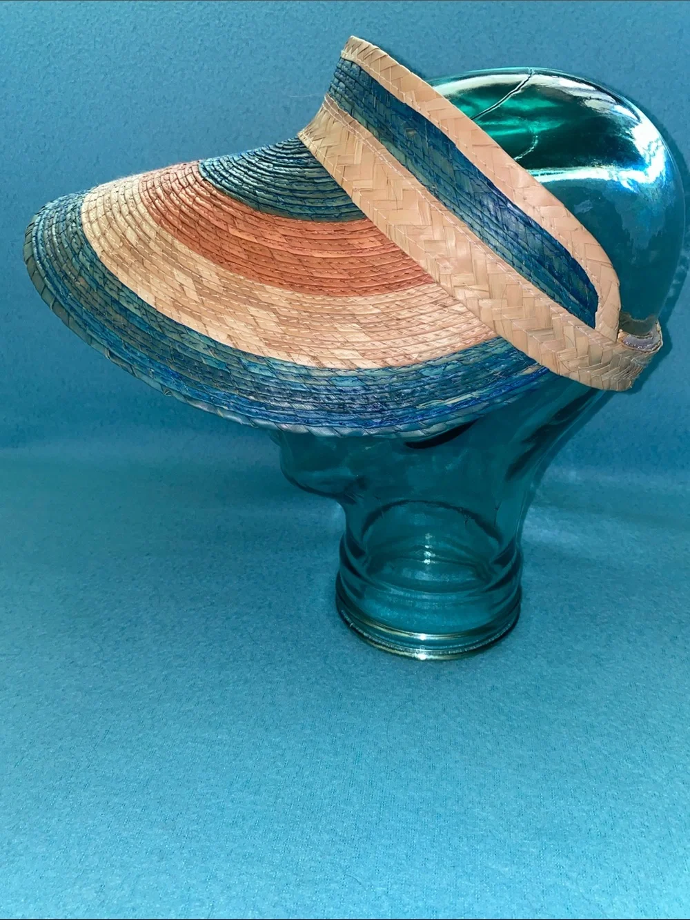 Handmade palm straw striped wide brim adjustable visor sun beach hat size OSFA
